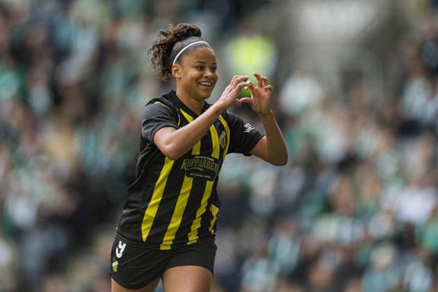 260425 Felicia Schröder of Häcken celebrates the 0-1 goal during the UEFA Women s Europa Cup final match leg 1 between Hammarby and Häcken on April 25, 2026 in Stockholm. Photo: Caisa Rasmussen BILDBYRAN COP 353 JN0267 fotboll football soccer fotball europa cup hammarby häcken uefa womens europa cup dam bbeng jubel Copyright: CAISAxRASMUSSEN BB260425CR007