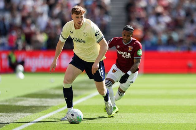 25th April 2026; London Stadium, London, England; Premier League Football, West Ham United versus Everton; Jake O Brien of Everton under pressure from Crysencio Summerville of West Ham United HenningxvonxJagow