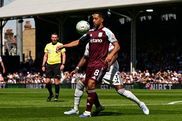 Fulham v Aston Villa, Premier League Aston Villa midfielder Youri Tielemans (8) Controls the ball under pressure from Fulham defender Calvin Bassey (3) during the Premier League match between Fulham and Aston Villa at Craven Cottage, London, UK on 25 April 2026. London Craven Cottage Greater London UK Editorial use only DataCo restrictions apply See www.football-dataco.com , Copyright: xDennisxGoodwinx PSI-24149-0089