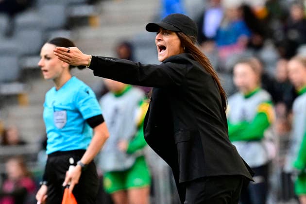 STOCKHOLM, SVERIGE 20260425 Häckens tränare Elena Sadiku under den första finalmatchen i Europa Cup mellan Hammarby och Häcken pa 3Arena. STOCKHOLM SVERIGE x10030x