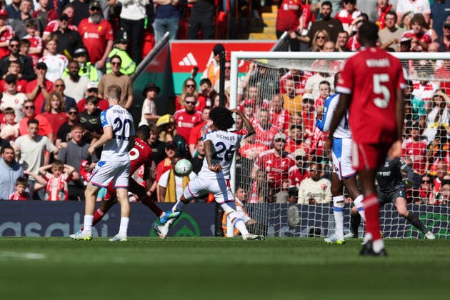 Liverpool, England, 25th April 2026. Alexander Isak of Liverpool scores his team™s first goal during the Liverpool vs Crystal Palace Premier League match at Anfield, Liverpool. Picture credit should read: Jessica Hornby Sportimage EDITORIAL USE ONLY. No use with unauthorised audio, video, data, fixture lists, club league logos or live services. Online in-match use limited to 120 images, no video emulation. No use in betting, games or single club league player publications. SPI_033_JH_LIVERPOOL_CRYSTAL_PALACE SPI-4733-0033