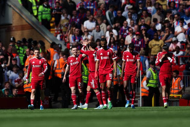 Liverpool, England, 25th April 2026. Andrew Robertson of Liverpool celebrates scoring his team™s second goal with teammate during the Liverpool vs Crystal Palace Premier League match at Anfield, Liverpool. Picture credit should read: Jessica Hornby Sportimage EDITORIAL USE ONLY. No use with unauthorised audio, video, data, fixture lists, club league logos or live services. Online in-match use limited to 120 images, no video emulation. No use in betting, games or single club league player publications. SPI_036_JH_LIVERPOOL_CRYSTAL_PALACE SPI-4733-0036