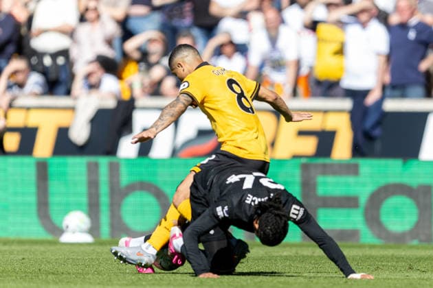 Wolverhampton Wanderers v Tottenham Hotspur, Premier League Wolverhampton Wanderers midfielder Joao Gomes (8) and Tottenham Hotspur defender Djed Spence (24) battles for possession during the Premier League match between Wolverhampton Wanderers and Tottenham Hotspur at Molineux, Wolverhampton, UK on 25 April 2026. Wolverhampton Molineux West Midlands UK Editorial use only DataCo restrictions apply See www.football-dataco.com , Copyright: xManjitxNarotrax PSI-24154-0026