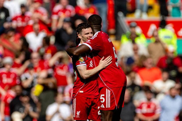 Football - FA Premier League - Liverpool FC v Crystal Palace FC LIVERPOOL, ENGLAND - Saturday, April 25, 2026: Liverpool s Andy Robertson celebrates with team-mate Ibrahima KonatÃ (R) after scoring the second goal during the FA Premier League match between Liverpool FC and Crystal Palace FC at Anfield. (Photo by David Rawcliffe Propaganda) LIVERPOOL Anfield MERSEYSIDE ENGLAND  Copyright: xDavidxRawcliffex P2026-04-25-Liverpool_Crystal_Palace-75