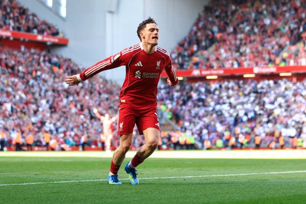 Liverpool, England, 25th April 2026. Florian Wirtz of Liverpool celebrates scoring his team™s third goal during the Liverpool vs Crystal Palace Premier League match at Anfield, Liverpool. Picture credit should read: Jessica Hornby Sportimage EDITORIAL USE ONLY. No use with unauthorised audio, video, data, fixture lists, club league logos or live services. Online in-match use limited to 120 images, no video emulation. No use in betting, games or single club league player publications. SPI_051_JH_LIVERPOOL_CRYSTAL_PALACE SPI-4733-0051