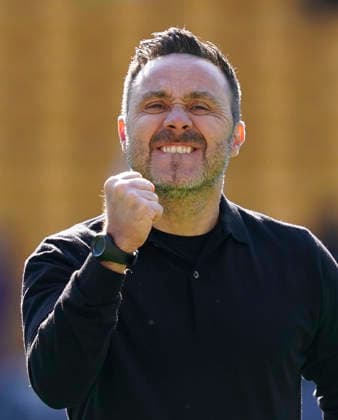 Wolverhampton, England, 25th April 2026. Roberto De Zerbi coach of Tottenham celebrates at the final whistle during the Wolverhampton Wanderers vs Tottenham Hotspur Premier League match at Molineux, Wolverhampton. Picture credit should read: Andrew Yates Sportimage EDITORIAL USE ONLY. No use with unauthorised audio, video, data, fixture lists, club league logos or live services. Online in-match use limited to 120 images, no video emulation. No use in betting, games or single club league player publications. SPI_026_AY_WOLVES_SPURS SPI-4731-0025