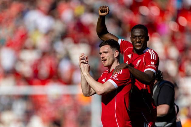 Football - FA Premier League - Liverpool FC v Crystal Palace FC LIVERPOOL, ENGLAND - Saturday, April 25, 2026: Liverpool s Andy Robertson and Ibrahima KonatÃ (R) celebrate after the FA Premier League match between Liverpool FC and Crystal Palace FC at Anfield. Liverpool won 3-1. (Photo by David Rawcliffe Propaganda) LIVERPOOL Anfield MERSEYSIDE ENGLAND  Copyright: xDavidxRawcliffex P2026-04-25-Liverpool_Crystal_Palace-115