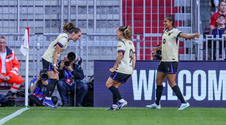 GER, München, Bayern München vs FC Barcelona, Barca Women s Champions League, Fussball, UEFA, Spielzeit 2025 2026, Allianz Arena, Halbfinale, Hinspiel im Bild: Ewa Pajor (FC Barcelona 17) Tor, Freude, Jubel und Emotion, goal DFB DFL REGULATIONS PROHIBIT ANY USE OF PHOTOGRAPHS AS IMAGE SEQUENCES AND OR QUASI-VIDEO, 25.04.2026 Copyright: HMBxMedia HendrikxHamelau