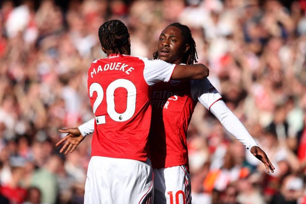 Arsenal v Newcastle United 25 April 2026 London - Premier League Football - Arsenal v Newcastle United - Eberechi Eze of Arsenal celebrates after scoring the opening goal - (Photo by Mark Leech). London UK Copyright: xMarkxLeechxOffside