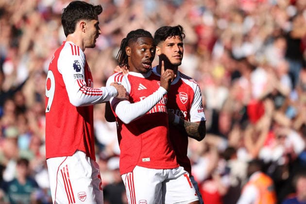 Arsenal v Newcastle United 25 April 2026 London - Premier League Football - Arsenal v Newcastle United - Eberechi Eze of Arsenal celebrates after scoring the opening goal - (Photo by Mark Leech). London UK  Copyright: xMarkxLeechxOffside
