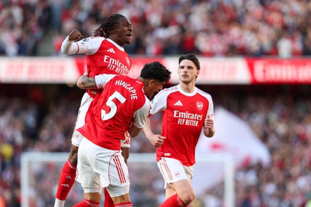 Arsenal v Newcastle United 25 April 2026 London - Premier League Football - Arsenal v Newcastle United - Eberechi Eze of Arsenal celebrates after scoring the opening goal - (Photo by Mark Leech). London UK Copyright: xMarkxLeechxOffside