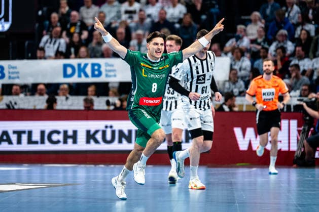 25.04.2026, xdobgx, Handball Daikin HBL, THW Kiel - SC DHfK Leipzig v.l. Lucas Krzikalla (SC DHfK Leipzig Verein, 8) Jubel, Torjubel, jubelt ueber das Tor, celebrate the goal, celebration Kiel *** 25 04 2026, xdobgx, Handball Daikin HBL, THW Kiel SC DHfK Leipzig v l Lucas Krzikalla SC DHfK Leipzig Verein, 8 Jubel, Torjubel, jubelt über das Tor, celebrate the goal, celebration Kiel