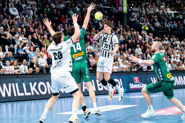 25.04.2026, xdobgx, Handball Daikin HBL, THW Kiel - SC DHfK Leipzig v.l. Lukas Laube (Kiel, 20), Marko MamiÄ‡ (SC DHfK Leipzig Verein, 14), Rasmus Ankermann (Kiel, 22) am Ball, plays the ball Kiel