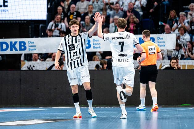 25.04.2026, xdobgx, Handball Daikin HBL, THW Kiel - SC DHfK Leipzig v.l. Rasmus Ankermann (Kiel, 22), Magnus Landin Jacobsen (Kiel, 7) Jubel, Torjubel, jubelt ueber das Tor, celebrate the goal, celebration Kiel