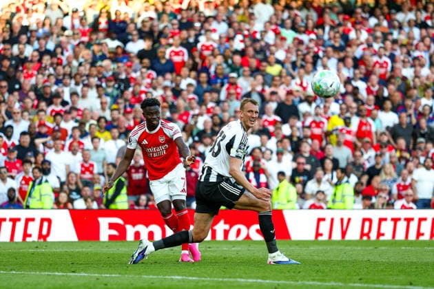 Arsenal v Newcastle United, Premier League Bukayo Saka (7) of Arsenal shoots towards the goal during the Premier League match between Arsenal and Newcastle United at the Emirates Stadium, London, UK on 25 April 2026. Editorial use only DataCo restrictions apply See www.football-dataco.com , Copyright: xNigelxKeenex PSI-24153-0050