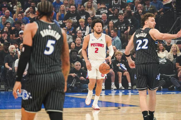 Detroit Pistons at Orlando Magic, Orlando, Florida, USA Orlando, Florida, USA, April 25, 2026, Detroit Pistons guard Cade Cunningham 2 moving upcourt at the Kia Center. Copyright: xMartyxJean-Louisx