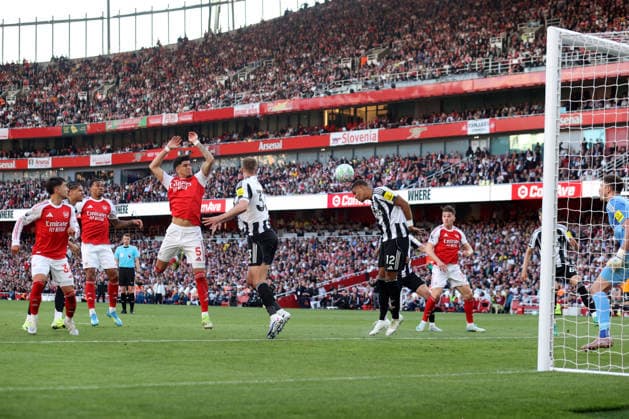 Arsenal v Newcastle United 25 April 2026 London - Premier League Football - Arsenal v Newcastle United - Malick Thiaw of Newcastle United heads the ball away at the Emirates Stadium - (Photo by Mark Leech). London UK Copyright: xMarkxLeechxOffside