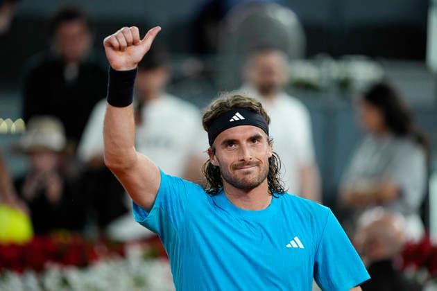 April 25, 2026, Madrid, Madrid, Spain: Stefanos Tsitsipas of Greece reacts after winning against Alexander Bublik of Kazakhstan during the Mutua Madrid Open 2026, ATP, Tennis Herren Masters 1000 and WTA, Tennis Damen 1000, at La Caja Magica on April 25, 2026 in Madrid, Spain. Mutua Madrid Open 2026 - Day 6 - ZUMAa181 20260425_zaa_a181_556 Copyright: xOscarxJ.xBarrosox