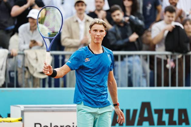 Nicolai Budkov Kjaer (NOR), APRIL 25, 2026 - Tennis : Kjaer celebrate after winning singles Round of 64 match against Denis Shapovalov on the ATP, Tennis Herren tour Masters 1000 tournaments Mutua Madrid Open tennis tournament at the Caja Magica in Madrid, Spain. Noxthirdxpartyxsales  aflo_328278505