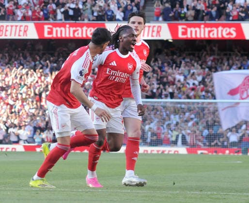 Football - 2025 2026 Premier League - Arsenal vs. Newcastle United - Emirates Stadium - Saturday 25th April 2026 Eberechi Eze celebrates his first half goal for Arsenal with Piero Hincapie 