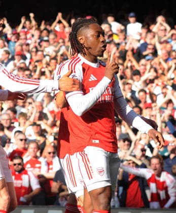 Football - 2025 2026 Premier League - Arsenal vs. Newcastle United - Emirates Stadium - Saturday 25th April 2026 Eberechi Eze celebrates his first half goal for Arsenal 
