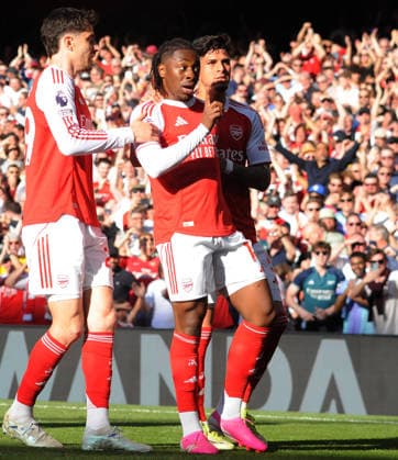 Football - 2025 2026 Premier League - Arsenal vs. Newcastle United - Emirates Stadium - Saturday 25th April 2026 Eberechi Eze celebrates his first half goal for Arsenal with Piero Hincapie 