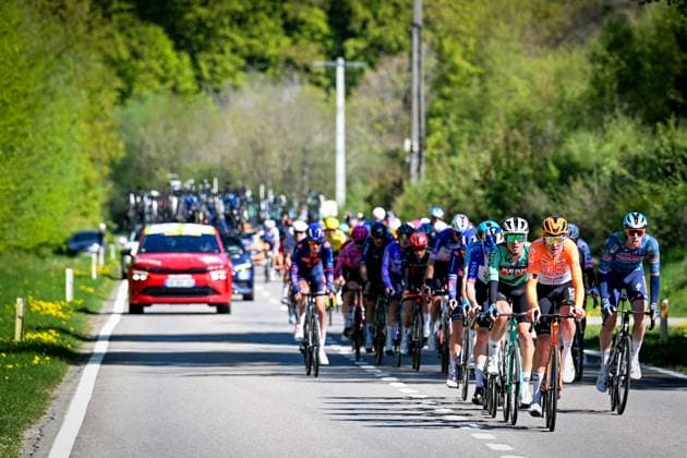 The breakaway group pictured during the men elite race of the Liege-Bastogne-Liege UCI World Tour one day cycling race, 259,5km from Liege, over Bastogne to Liege, Sunday 26 April 2026. MAARTENxSTRAETEMANS  x172061668x