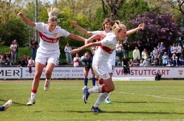 26.04.2026, Deutschland, Stuttgart, Fußball 2. Frauen-Bundesliga, 15. Spieltag, VfB Stuttgart vs. SV Meppen 1912, Jubel nach dem 2:0 Tor, Torschützin Maximiliane Rall (VfB)