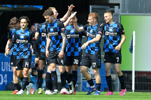 Paderborn, Home Deluxe Arena, 26.04.26, GER, Herren, 2.Bundesliga, Saison 2025-2026, SC Paderborn 07 - FC Schalke 04 Bild: Laurin CURDA (Paderborn) jubelt nach seinem Tor zum 1:0 DFL regulations prohibit any use of photographs as image sequences and or quasi-video. NRW Deutschland