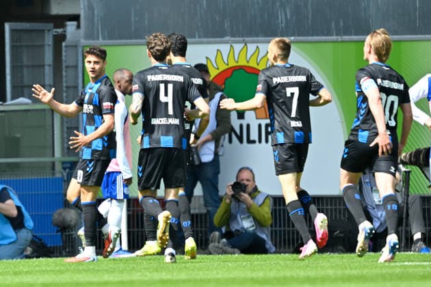 Paderborn, Home Deluxe Arena, 26.04.26, GER, Herren, 2.Bundesliga, Saison 2025-2026, SC Paderborn 07 - FC Schalke 04 Bild: Stefano MARINO (Paderborn) jubelt nach seinem Tor zum 2:0 DFL regulations prohibit any use of photographs as image sequences and or quasi-video. NRW Deutschland