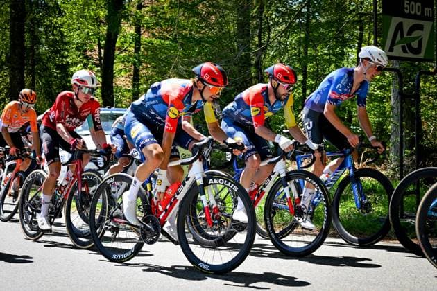 Italian Giulio Ciccone of Lidl-Trek and French Julien Bernard of Lidl-Trek pictured in action during the men elite race of the Liege-Bastogne-Liege UCI World Tour one day cycling race, 259,5km from Liege, over Bastogne to Liege, Sunday 26 April 2026. MAARTENxSTRAETEMANS  x172076073x