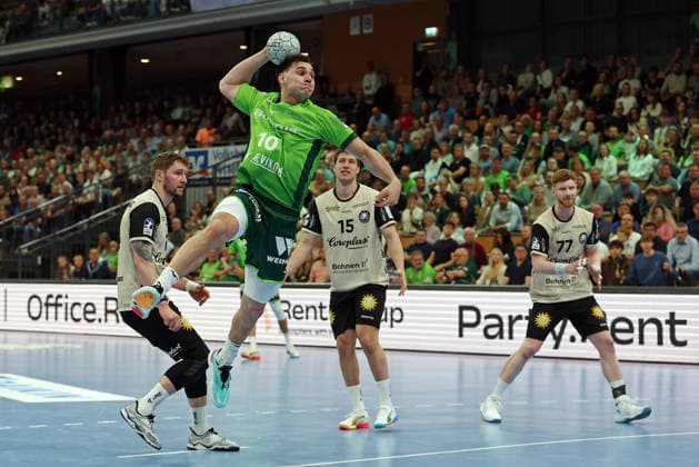 26.04.2026, xovx, Handball Daikin Handball Bundesliga, HSG Wetzlar - Bergischer HC v.l. Gerdas Babarskas (Bergischer HC), Josip Simic (HSG Wetzlar), Lars Mitchell Kooij (Bergischer HC), Johannes Wasielewski (Bergischer HC) Wetzlar Buderus-Arena Hessen Deutschland (DE)