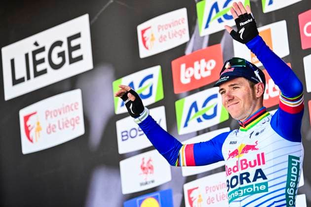 Liege Bastogne Liege 2026 Cycling Race LIEGE, BELGIUM - APRIL 26 : Evenepoel Remco (BEL) of Red Bull BORA Hansgrohe on the podium during the 112th edition of Liege Bastogne Liege an UCI World Tour 1.UWT one day cycling road race for Men Elite of 260 km with start in Liege and finish in Liege on April 26, 2026 in Liege, Belgium, 26 04 2026 ( Motordriver Guy De Vuyst - Liege Belgium  Copyright: xPeterxDexVoechtx