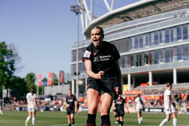 26.04.26, Women, Football, Google Pixel Frauen Bundesliga, Season 2025 2026, Bayer 04 Leverkusen - SC Freiburg, Matchday 23 Cornelia Kramer 7 von Bayer 04 Leverkusen goal celebration for the 3:0 shot with penalty Leverkusen Ulrich-Haberland-Stadion NRW Deutschland