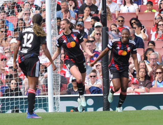 Football - 2025 2026 UEFA Women™s Champions League - Semi-Final, First Leg: Arsenal vs. OL Lyonnes - Emirates Stadium - Sunday 26th April 2026 Jule Brand of OL Lyonnes celebrates her first half goal 