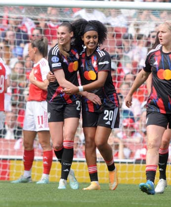 Football - 2025 2026 UEFA Women™s Champions League - Semi-Final, First Leg: Arsenal vs. OL Lyonnes - Emirates Stadium - Sunday 26th April 2026 Jule Brand of OL Lyonnes celebrates her first half goal with LilyYohannes 