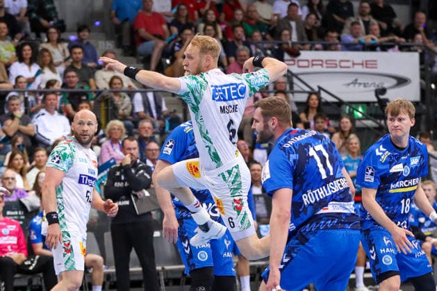 26.04.2026, xgox, Handball - Daikin HBL TVB Stuttgart - SC Magdeburg emspor, v.l. Matthias Musche (Magdeburg, 6) wirft Tor, Torschuetze, erzielt Tor, Treffer, scores the goal Stuttgart