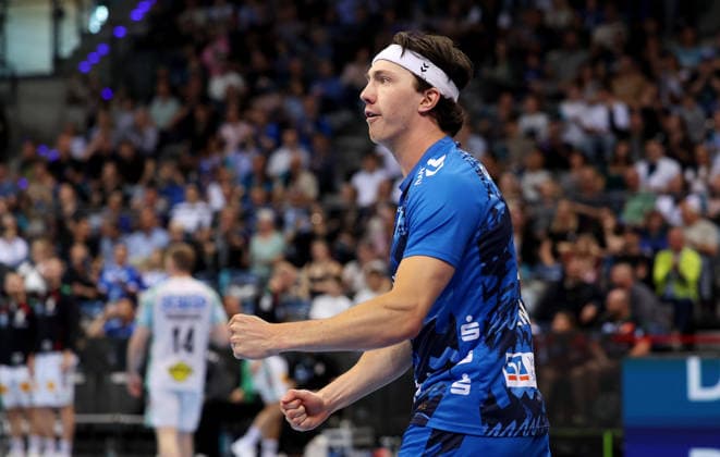 26.04.2026 Stuttgart, Handball TVB Stuttgart vs. SC Magdeburg, Kasper Thorsen Lien (TVB) jubelt