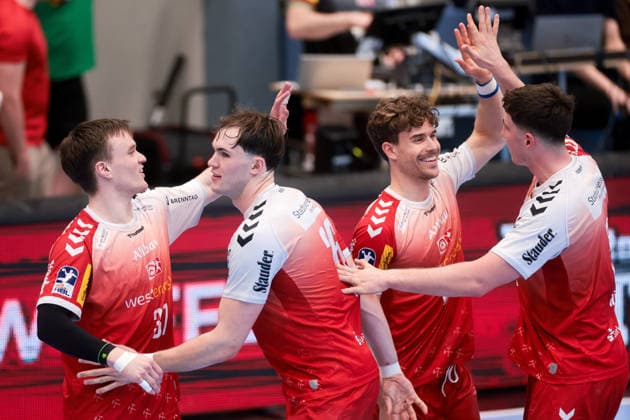 26.04.2026, 29. Spieltag der 2. Handball Bundesliga, TuSEM Essen - HC Elbflorenz 2006. v. l. Max Neuhaus (TuSEM Essen), Tom Wolf (TuSEM Essen), Tim Mast (TuSEM Essen), Valentin Willner (TuSEM Essen). Essen Am Hallo NRW Deutschland xRHR-FOTO DEx Copyright: DennisxEwert RHR-FOTOx RHR-FOTO DE