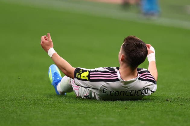 Francisco Conceicao (Juventus Fc) lies on the ground, Serie A, AC Milan v Juventus Fc, Giuseppe Meazza, April 26, 2026, Milan, Italy.