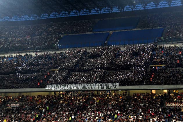 Curva Tifosi Milan, Supporters, Fans, Milan, Serie A 2025-26, Milan-Juventus 0-0, veduta, protesta per il prezzo biglietti, contest for tickets price SERIE A 2025-26 MILAN-JUVENTUS 0-0