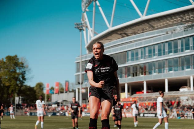 26.04.26, Women, Football, Google Pixel Frauen Bundesliga, Season 2025 2026, Bayer 04 Leverkusen - SC Freiburg, Matchday 23 Cornelia Kramer ( 7 - Bayer 04 Leverkusen) goal celebration for the 3:0 Leverkusen Ulrich-Haberland-Stadion NRW Deutschland