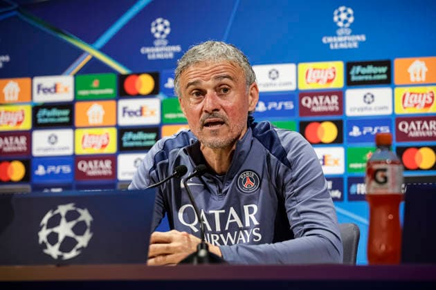 Paris, France - April 27: Paris Saint Germain Head Coach Luis Enrique talks during the training session press conference, PK, Pressekonferenz on day ahead of the UEFA Champions League 2025 26 Semi Final First Leg match between Paris Saint-Germain and FC Bayern Munchen at Parc des Princes on April 27, 2026 in Paris, France. (Photo by JustPictures) Paris Parc des Princes France