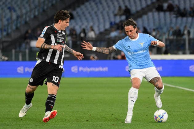 Lazio s Luca Pellegrini and Udineseâ??s Nicolo Zaniolo during the Italian Football Championship League A 2025 2026 match between SS Lazio vs Udinese Calcio at the Olimpic Stadium in Rome on 27 April 2026.  Copyright: xFabrizioxCorradetti IPAxSportx xipa-agency.netx xx IPA_74278364 IPA_Agency_IPA74278364