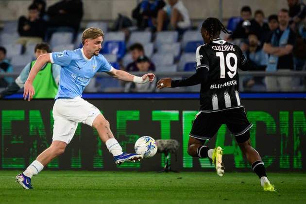Kenneth Taylor of SS Lazio and Kingsley Ehizibue of Udinese Calcio compete for the ball during the Serie A 2025 2026 football match between SS Lazio and Udinese Calcio at Stadio Olimpico in Rome (Italy), April 27, 2026. AndreaxStaccioli