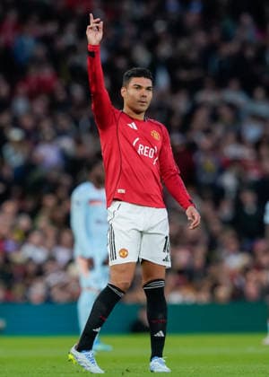 Manchester, England, 27th April 2026. Casemiro of Manchester United, ManU celebrates scoring their sides first goal during the Manchester United vs Brentford Premier League match at Old Trafford, Manchester. Picture credit should read: Andrew Yates Sportimage EDITORIAL USE ONLY. No use with unauthorised audio, video, data, fixture lists, club league logos or live services. Online in-match use limited to 120 images, no video emulation. No use in betting, games or single club league player publications. SPI_023_AY_MANCHESTER_UNITED_V_BRENTFORD SPI-4740-0023
