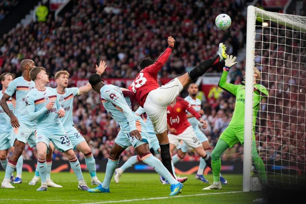 27th April 2026; Old Trafford, Manchester, England; Premier League Football, Manchester United, ManU versus Brentford; Casemiro of Manchester United scores a goal to make it 1-0 StevexFlynn