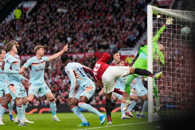 27th April 2026; Old Trafford, Manchester, England; Premier League Football, Manchester United, ManU versus Brentford; Casemiro of Manchester United scores a goal to make it 1-0 StevexFlynn
