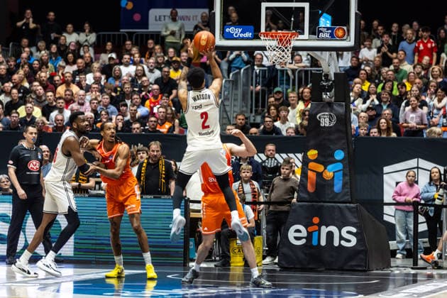 GER, easy-Credit Basketball-Bundesliga, Niners Chemnitz - BMA365 Bamberg Baskets. 27.04.2026, Messe, Chemnitz, GER, easy-Credit Basketball-Bundesliga, Niners Chemnitz - BMA365 Bamberg Baskets. Ibi Watson (BMA365 Bamberg Baskets, 2) Foto Alexander Trienitz Chemnitz Messe Sachsen Deutschland