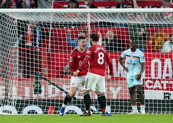Manchester, England, 27th April 2026. Benjamin Sesko of Manchester United, ManU celebrates scoring their sides second goal with Bruno Fernandes of Manchester United during the Manchester United vs Brentford Premier League match at Old Trafford, Manchester. Picture credit should read: Andrew Yates Sportimage EDITORIAL USE ONLY. No use with unauthorised audio, video, data, fixture lists, club league logos or live services. Online in-match use limited to 120 images, no video emulation. No use in betting, games or single club league player publications. SPI_041_AY_MANCHESTER_UNITED_V_BRENTFORD SPI-4740-0041